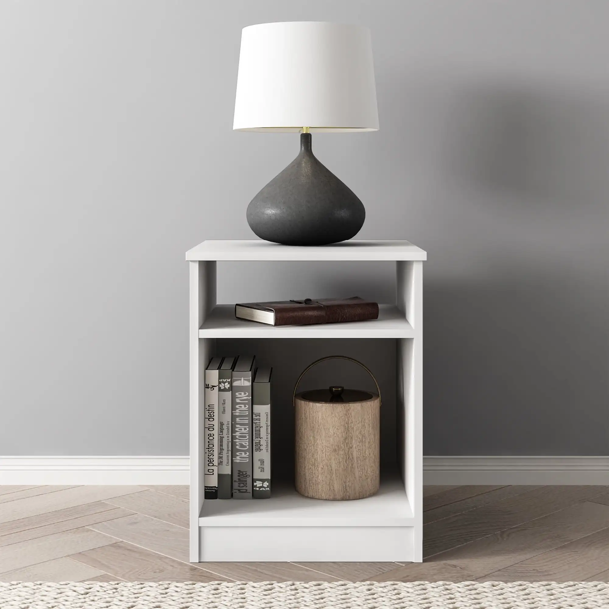 

Open Shelf Nightstand White Wood MDF Particle Board Ultra Fast Frustration Free Easy Assembly Works Well with Modern