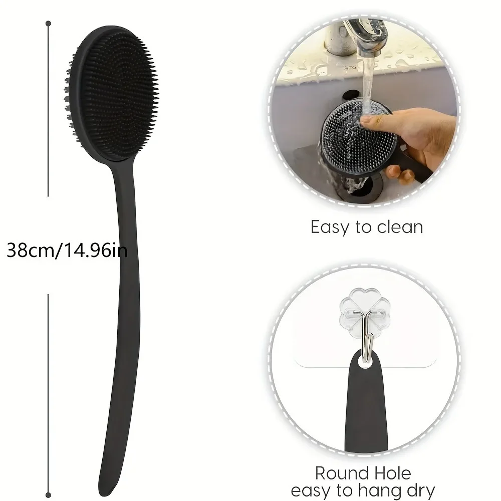 Silicone Back Scrubber Brush for Shower  Long Handle Body Deep Cleansing and Exfoliating Massage Double-Sided Soft Bristles view 2