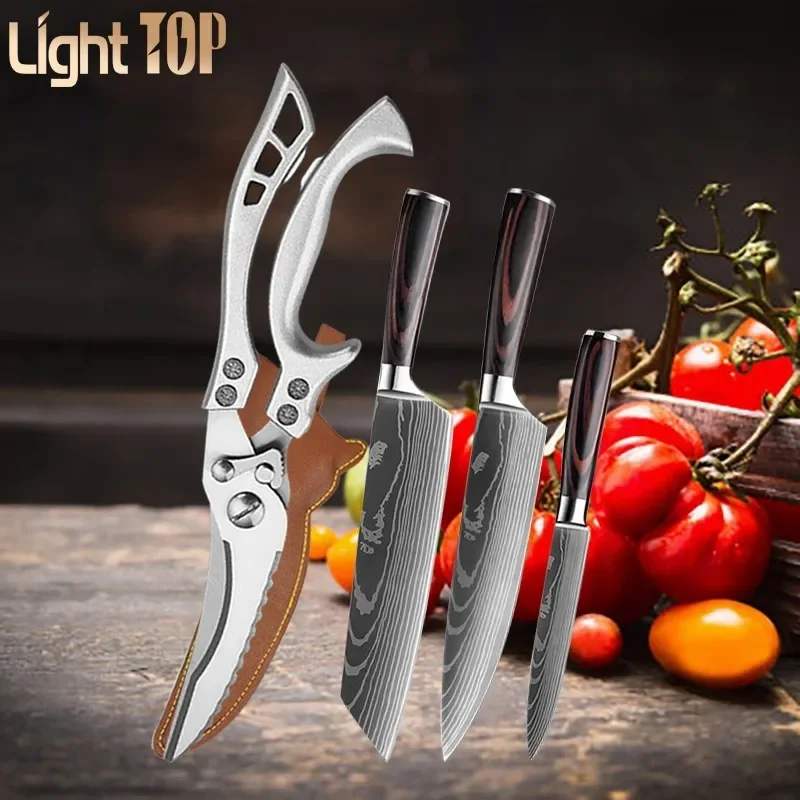 Chicken Bone Scissors Kitchen Knives Set Stainless Steel 7CR17 440C Laser Damascus Japanese Santoku Cleaver Slicing Chef Knife