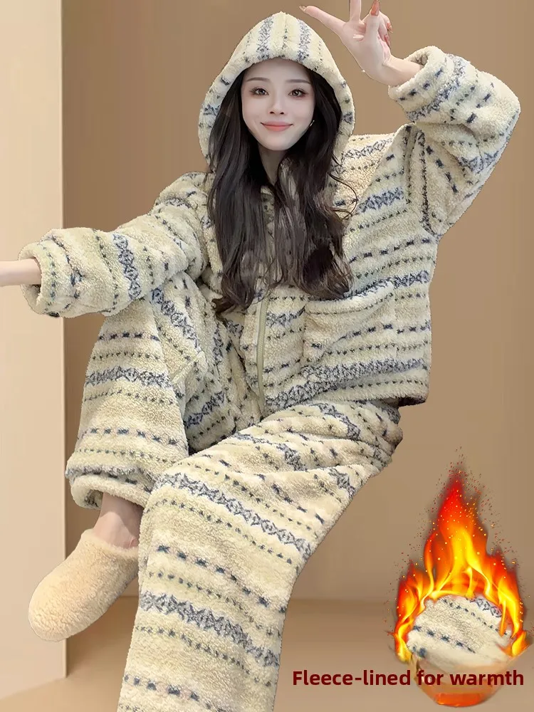 Women's Thiened Fce Autumn Winter Set with Hoodie Jaet And Wide Leg Pants Casual Comfortable Two Piece Ensemble