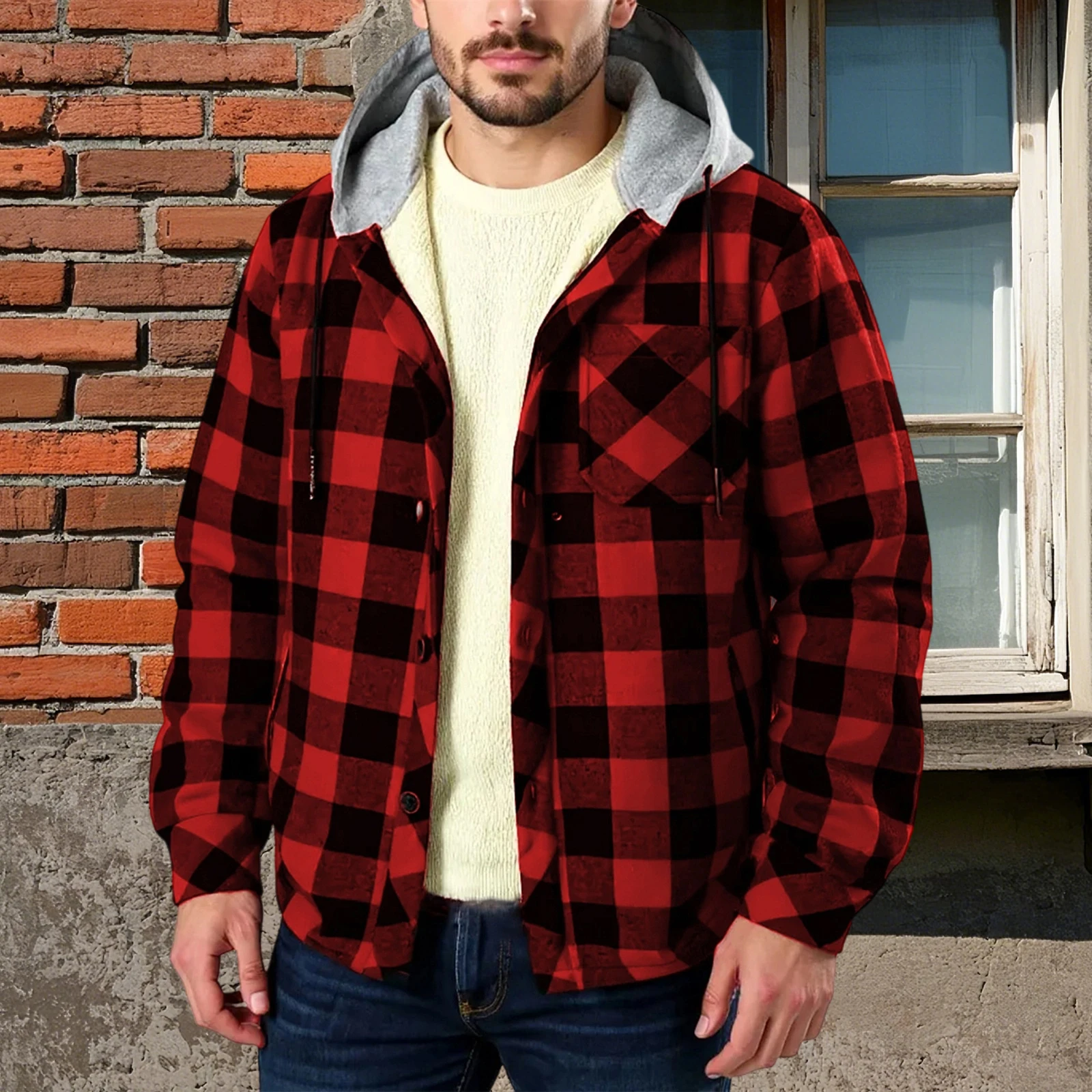 

Fall Winter Men's Plaid Hooded Jacket with Pocket Fashionable Casual Long Sleeve Button Down Hoodie