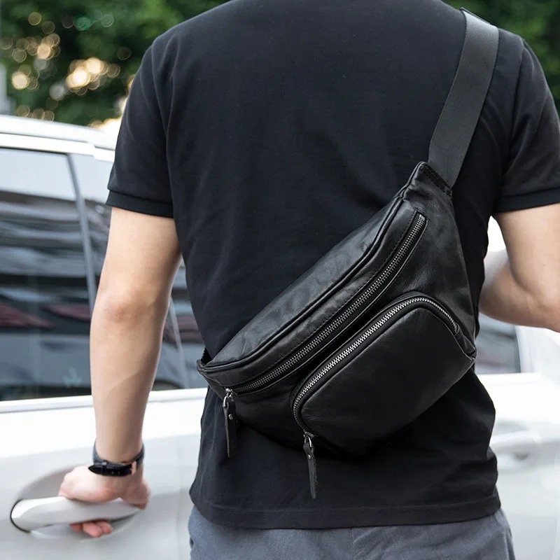 Imagem -02 - Bolsa de Cintura dos Homens Preto Moda Couro Genuíno Chest Pack Belt Bolsa para Adolescente Impermeável Homens Fanny Pack Novo