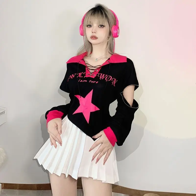 Polo-neck Women Sweatshirts Letter Printed Zip Irregular Long-sleeved High Street Y2k Tops Autumn New Arrival Streetwear Female
