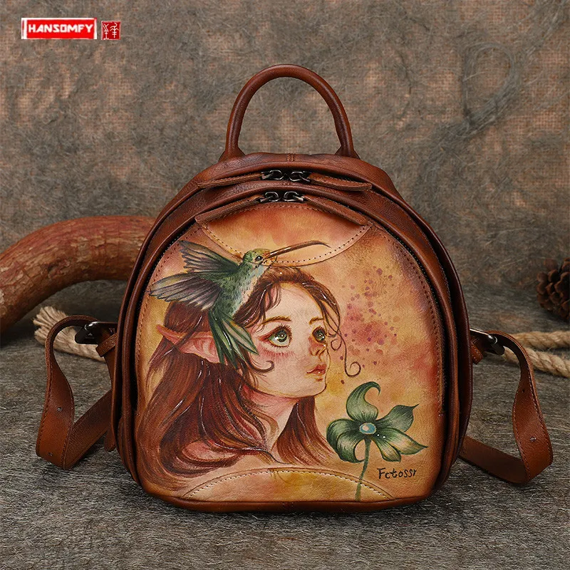 

Genuine Leather Backpack Small Backpacks First Layer Cowhide 2024 New Hand-painted Original Women Female Wind Elf Cow Leather