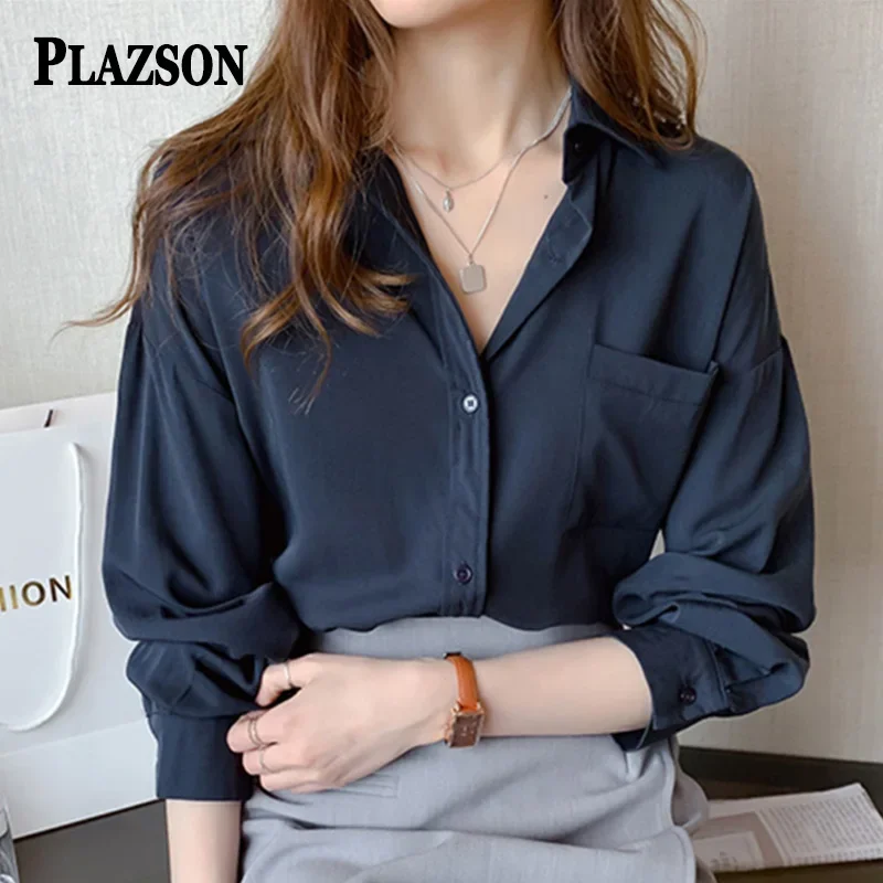 

Elegant and Youth Woman Blouses Solid Casual Loose Long Sleeve Pocket Chiffon Shirt Office Lady Tops Autumn셔츠 & 블라우스