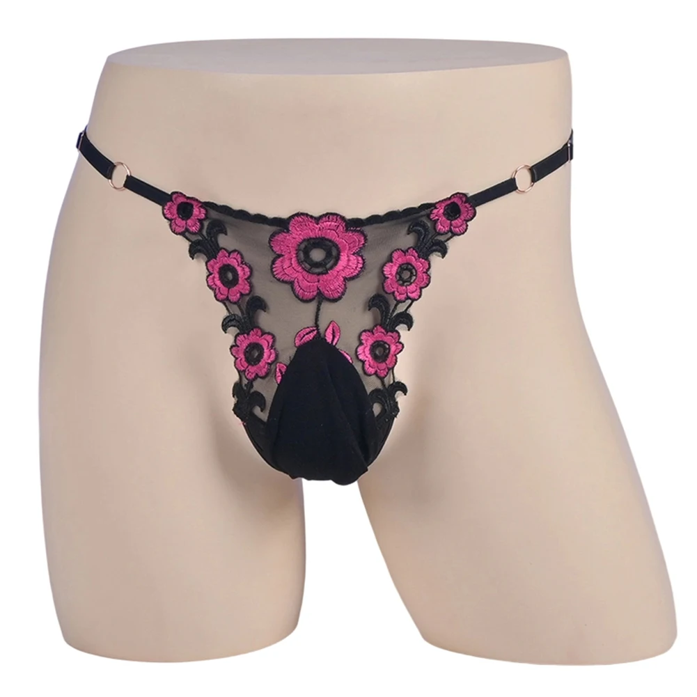 Men\'s Adjustable Waist Sheer Briefs in Sissy Style with Embroidered Egg Pouch and G String for Breathable Comfort
