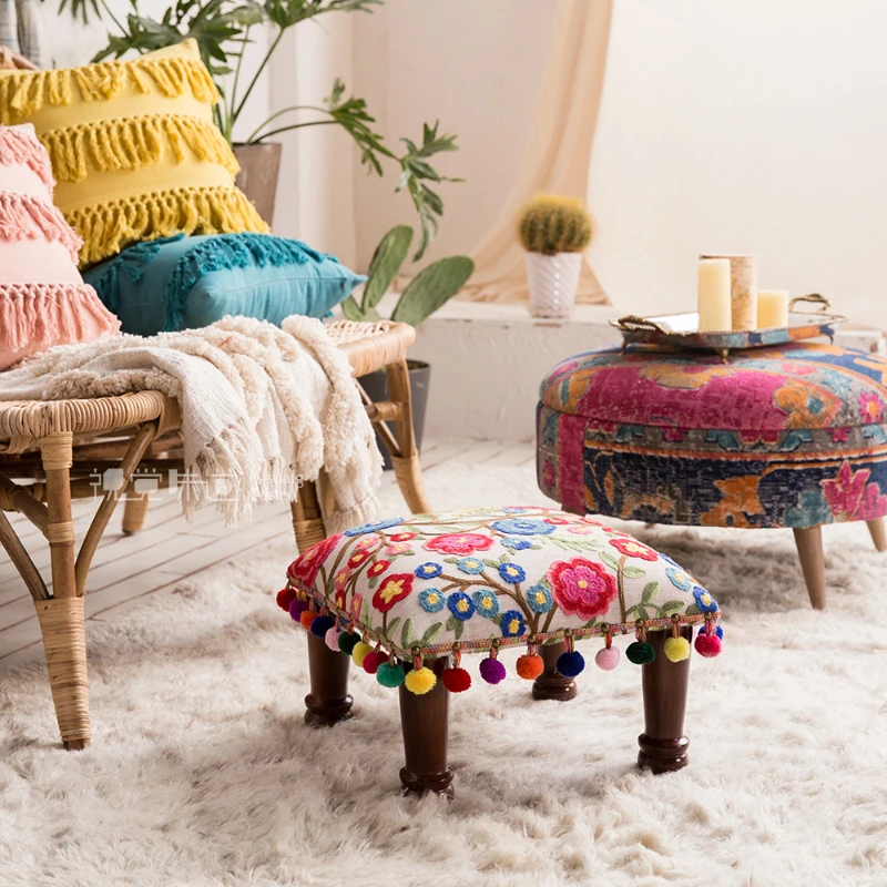 Imported cotton embroidered Bohemian Southeast Asian Nordic household small round stools, living room low, shoe changing