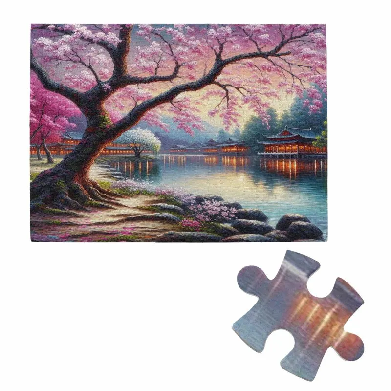 

500 шт. пазл для взрослых - озеро с цветком вишни, японские павильоны, головоломка с пейзажным узором Serene