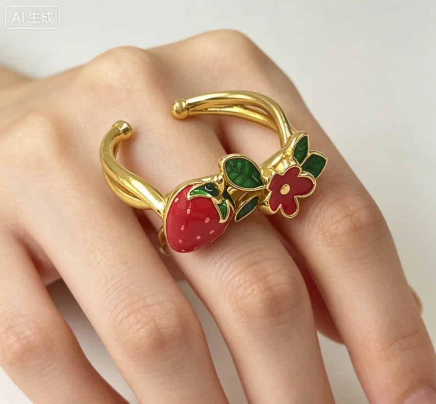 WT-RF011 Strawberry Flower Shape Ring US7 Can Be Adjustable With Yellow Brass Drop Oil For Women Daily Jewelry Decoration