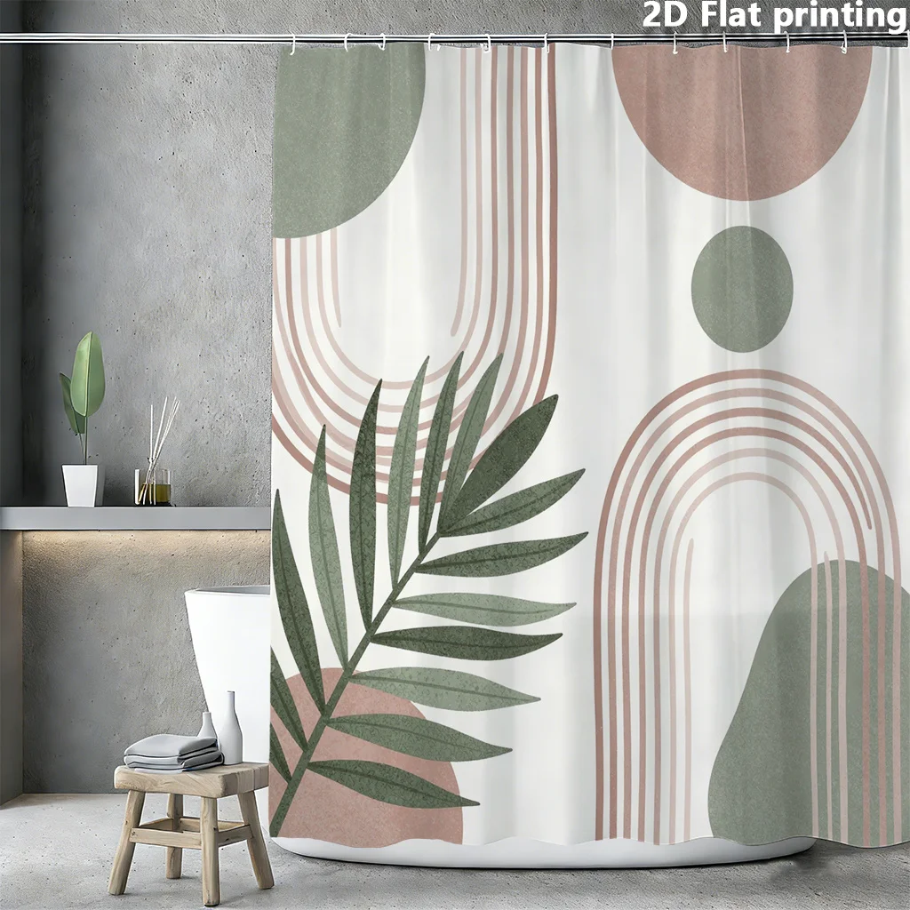 2D Flat, 2D Flat, Green And Pink Geometric Patterned Shower Curtain Featuring Palm Leaves, Ideal for Various Settings And Home E