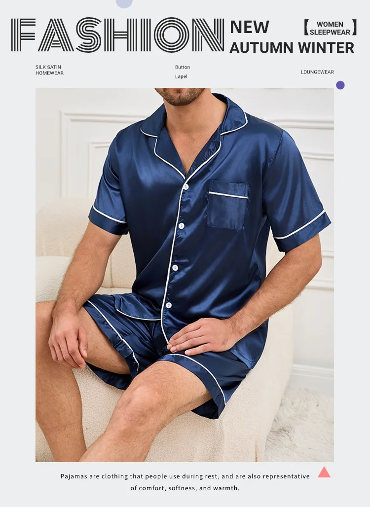 Herren-Pyjama-Set aus Satin, kurzärmelig, Sommer-Nachtwäsche für Herren, Button-Down-Hemd und Shorts mit elastischer Taille, Pyjama, Heimkleidung, 2-teilig – Detail 1