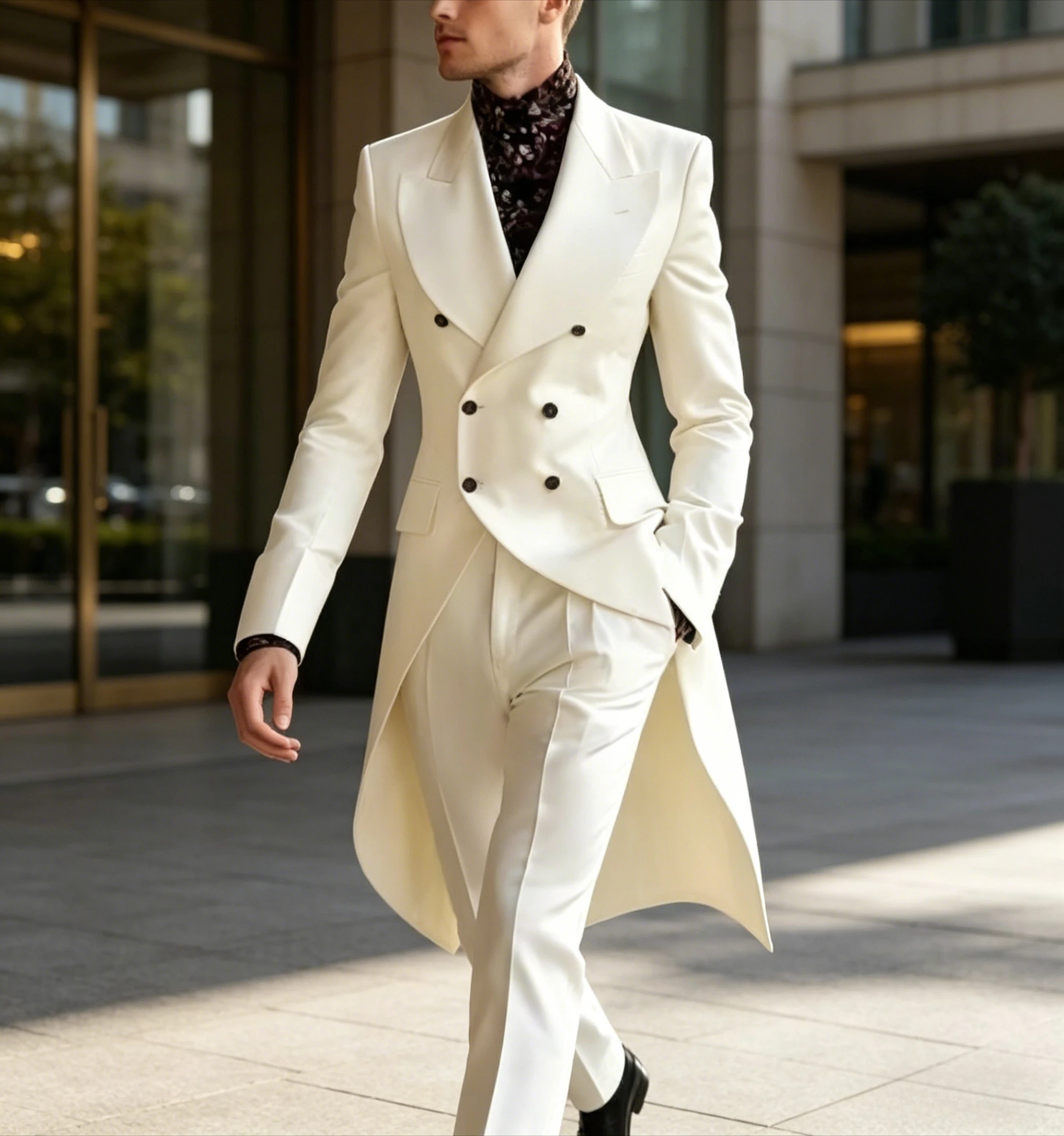 

White Ivory Long Blazer Men Suit Wedding Party Formal Groom Groomsman Prom Business Male Tuxedos 3 Piece Set Jacket Vest Pants