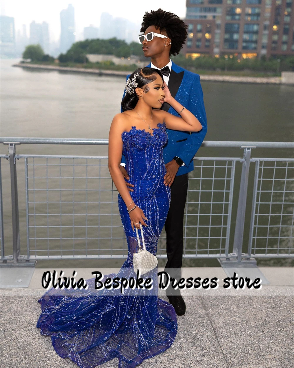 Luxury Blue Prom Dresses 2025 Sweetheart Sequin Beads Mermaid Party Gowns For Black Girls Maxi vestidos de graduación Customized