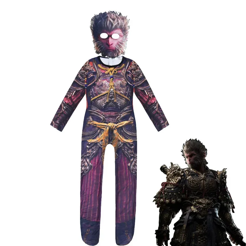 zz04zz12BlackMyth Wukong Kids Clothes Monkey King Cosplay Boys Halloween Carnival Performance Costume Girls Funny Jumpsuits+