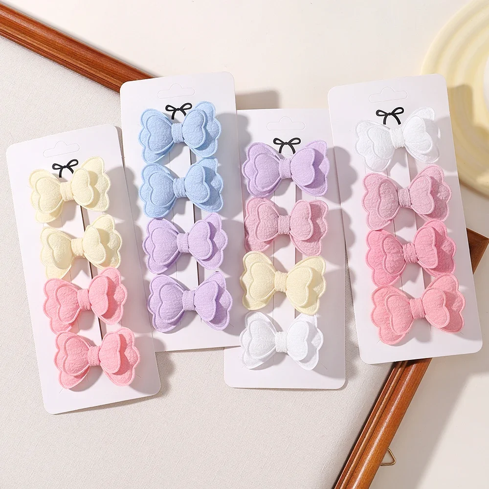 Candy Colored Hair Clip Set para Meninas, Double Layered Bow, Cute Bangs, Safe Cotton, Acessórios para Cabelo Infantil, 4Pcs, Set