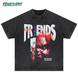 2024 Harajuku Oversize Cotton Washed Tshirt Horror Doll Gothic Punk Graphic Print T-Shirt Streetwear Hip Hop Vintage Men Tshirt