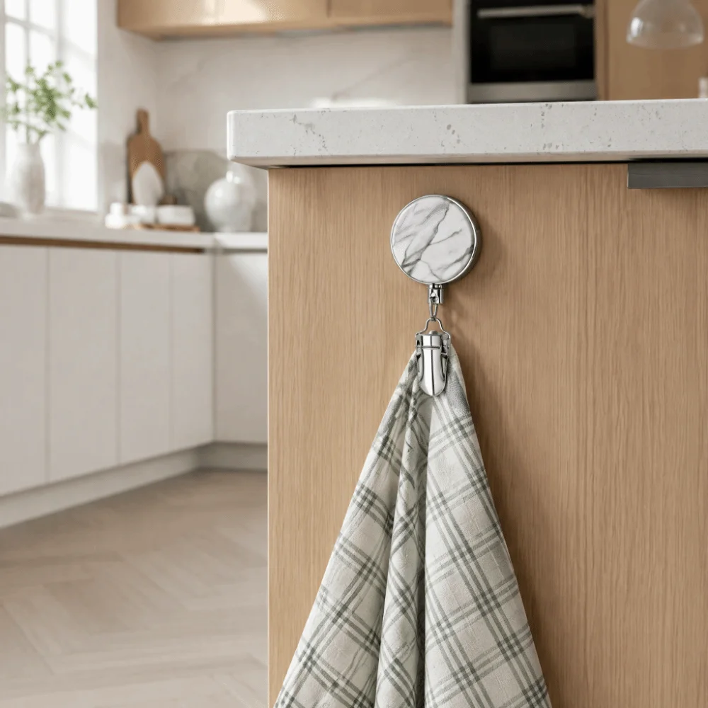 Stainless Steel Retractable Towel Clip Self-Adhesive Marble-Pattern Metal Hanging Clip Punch-Free Retractable Hook Bathroom
