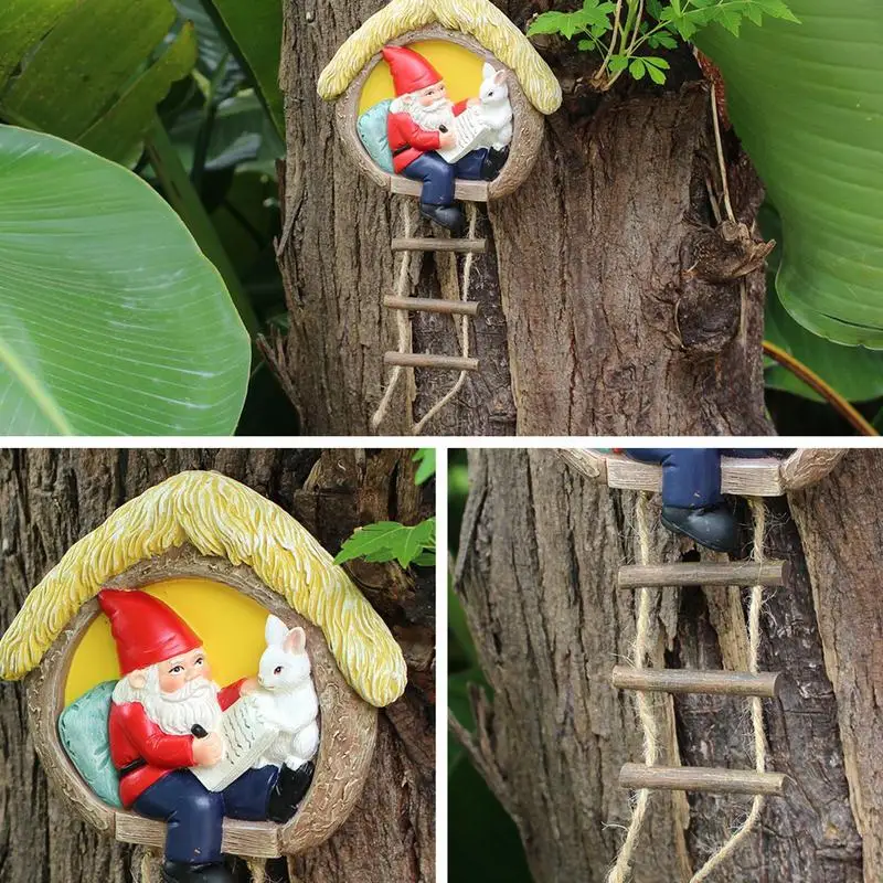 Gnome Bunny Tree Decor Żywiczna dekoracja montowana na drzewie Figurka gnoma Miniaturowa figurka na zewnątrz Kapryśna rzeźba na wiosnę