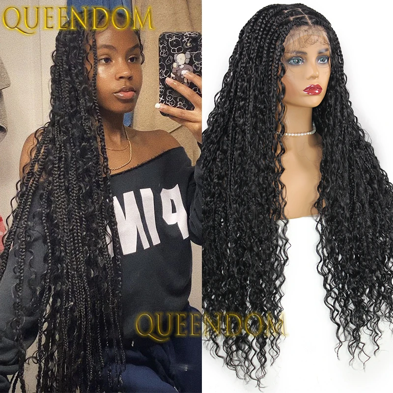 Synthetic Bohemian Braid Wig 32 Inch Cornrow Plaits Curly Ends Braided Wig for Black Women Distressed Full Lace Box Braids Wigs