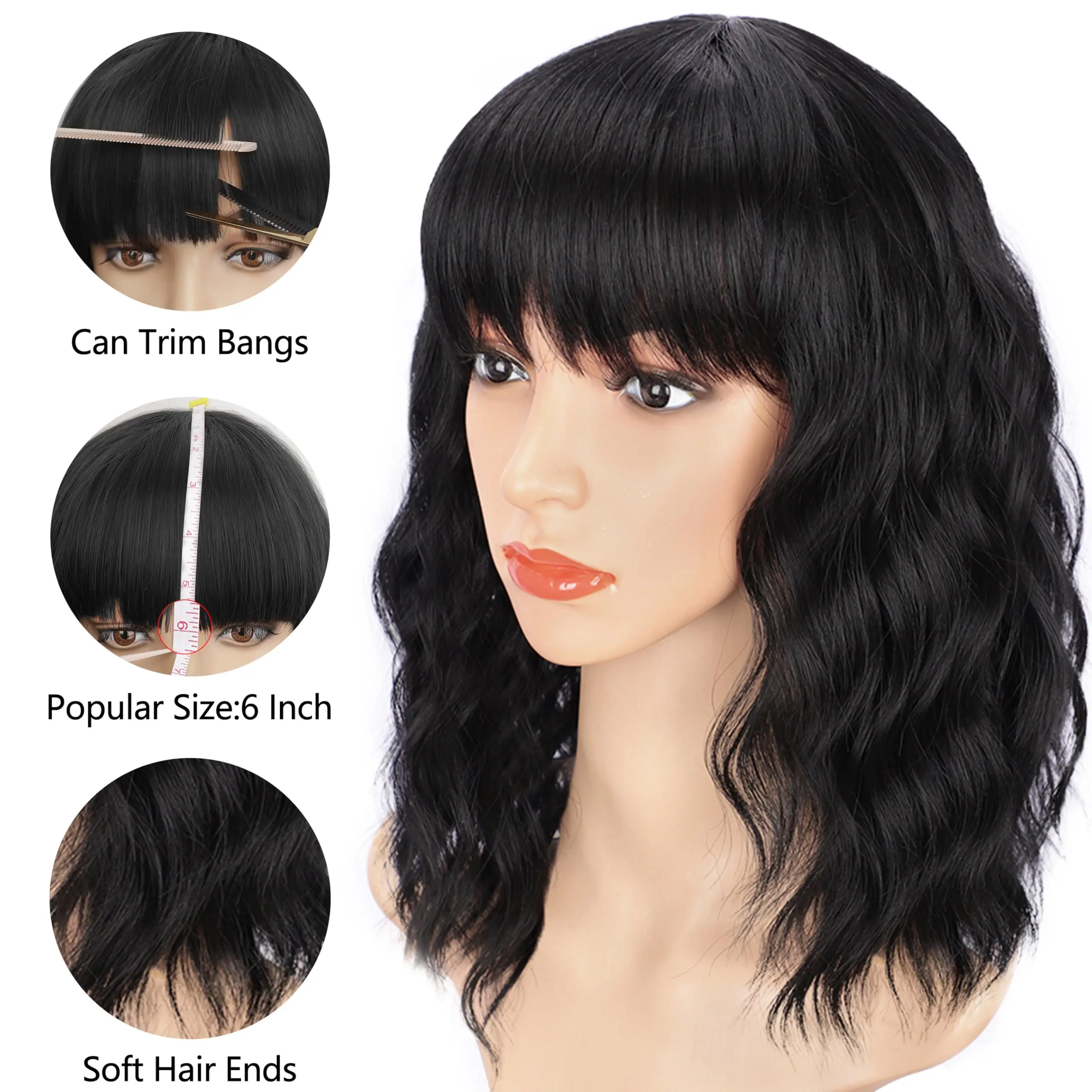 Synthetic Bob Wig with Bangs Short Wavy Black Wigs for Women Bob Style Synthetic Heat Resistant for Daily Use