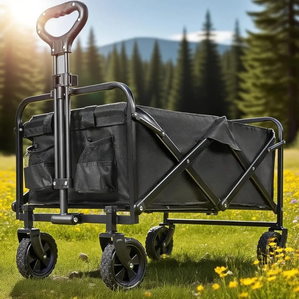 Carrello da campeggio pieghevole da 75 litri con manico regolabile, carrello multiuso nero per esterni, ideale per campeggio, giardino, picnic e spiaggia