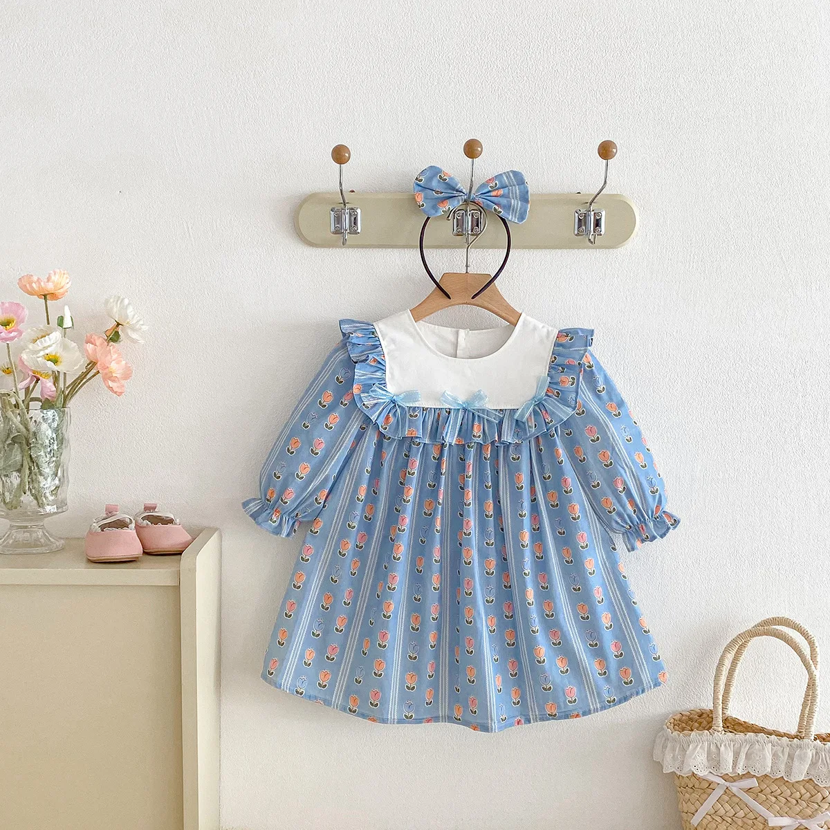 Spring Toddler Girls Blue Floral Dress with Headband Korean Style Long Sleeve Princess Ruffle Bow Cotton Kids Casual Party Dress