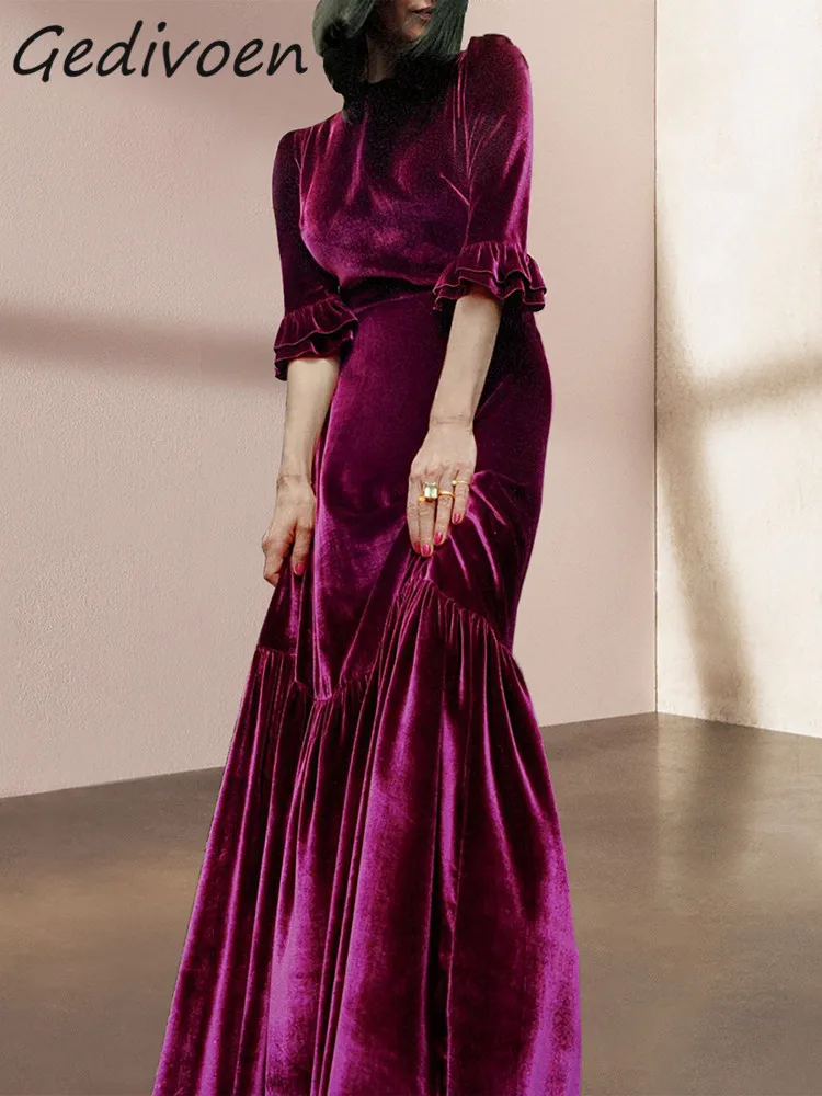 

Gedivoen Autumn Fashion Runway Fuchsia Vintage Velvet Dress Women O Neck Ruffles Holiday Party High Waist Slim A-LINE Long Dress