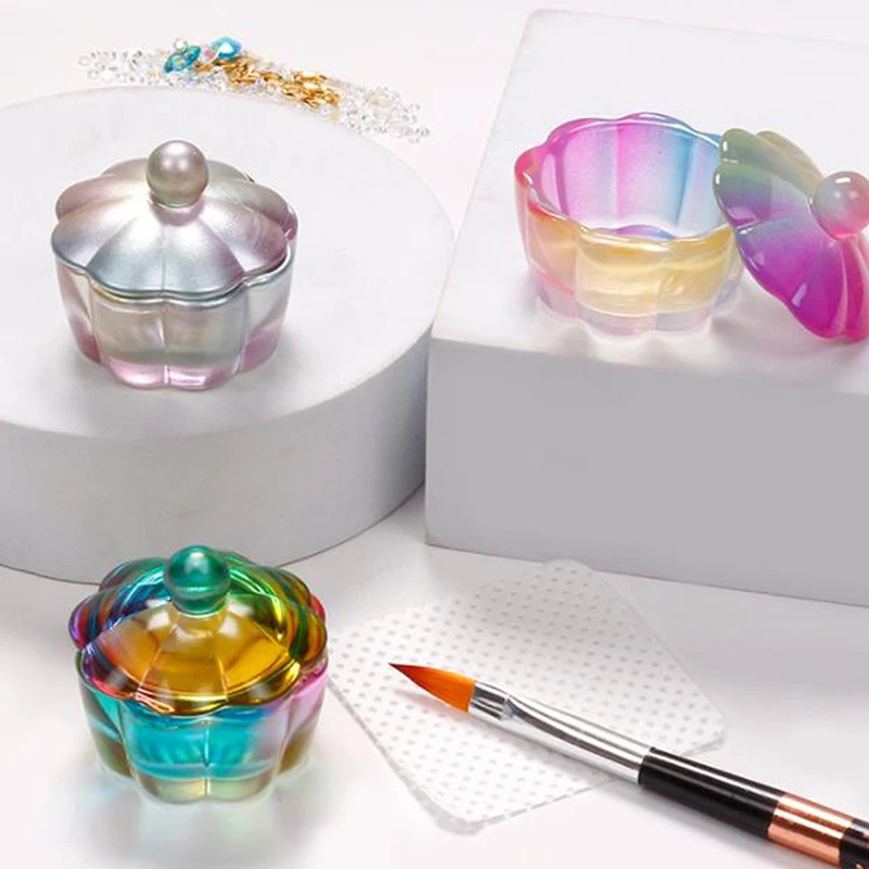 四角いクリスタルクリスタル透明クラウンガラス蓋付きボウルアクリルパウダー、ネイルアートツールキット、液体皿、レインボー、1個