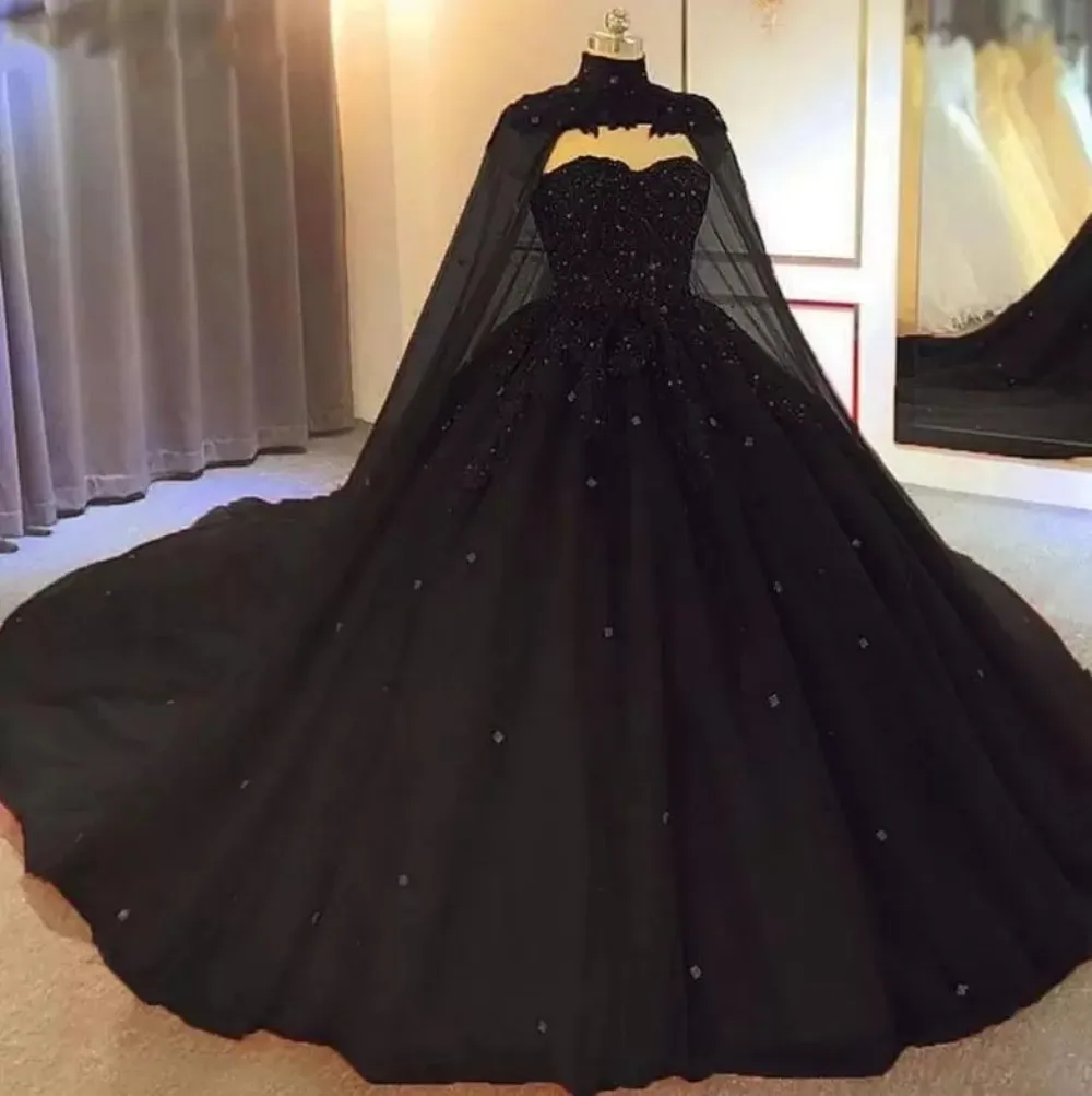 Black Ball Gown Gótico Vestidos De Casamento Com Cabo Querida Frisada Tulle Princess Bridal Gowns Plus Size Vestidos De Novia 2023