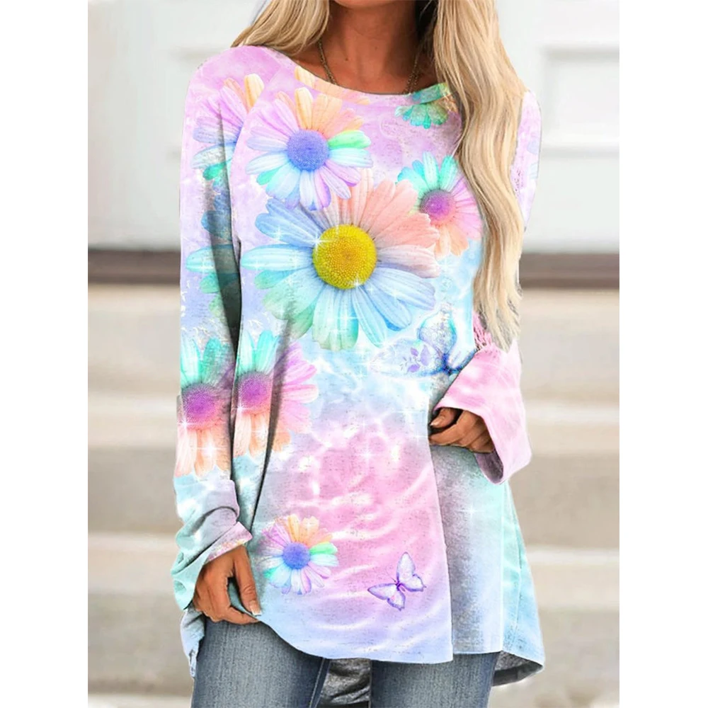 CLOOCL Long Sleeves T-Shirt Beautiful Watercolor Daisy Pattern 3D Print Loose Shirt Front and Rear Irregular T-shirt Casual Tops