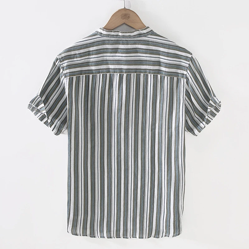 Printed Stripe Linen Men's Short Sleeve Shirt Summer New Stand Collar Pullover Casual Shirt Oversize Loose Breathable Pocket Top