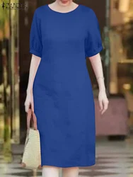 ZANZEA letnia damska O dekolt z krótkim rękawem Sundress jednokolorowa na co dzień luźna sukienka do pracy szata Femme Vintage Midi Vestido Kaftan