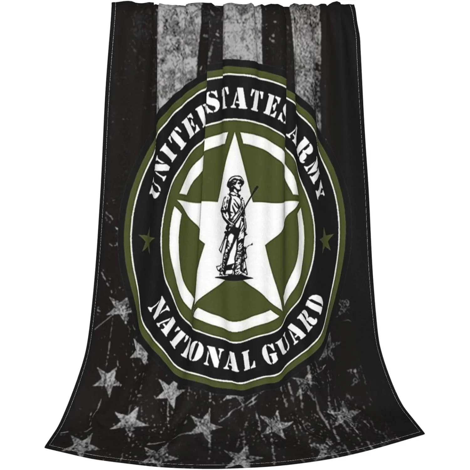 U.S. Army National Guard Flannel Blanket - Black and Olive Green, Tear Resistant, All-season Bedding, Geometric Star Design