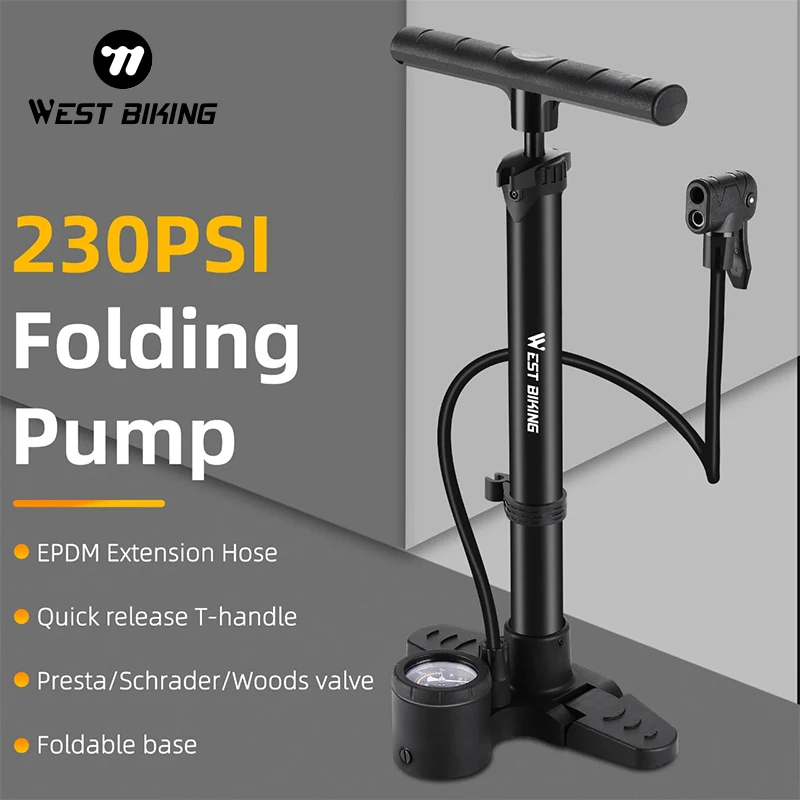 WEST BIKING 230PSI Bicycle Pump Folding Portable MTB Road Bike Pump With Gauge High Pressure E-Bike Motorcycle Tire Air Inflator