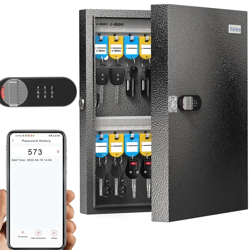 

WeHere 32 Key Safe Box with Dual Lock, Combination & Key Unlock, Key Cabinet Wall Mount with Key Tag Label,App Key Directory ERP