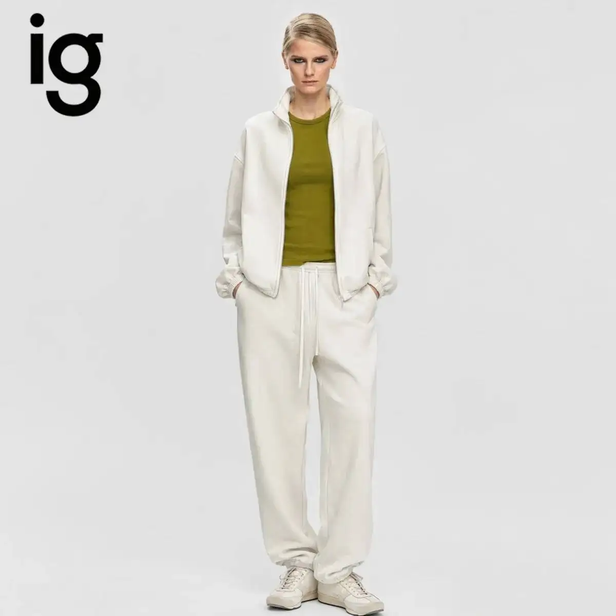 IG 2026 Women's Stand Collar Full Zip Loose Sweatshirt Two Piece Set, Drawstring Elastic Cuff Jogger Pants Long Sleeve Casual