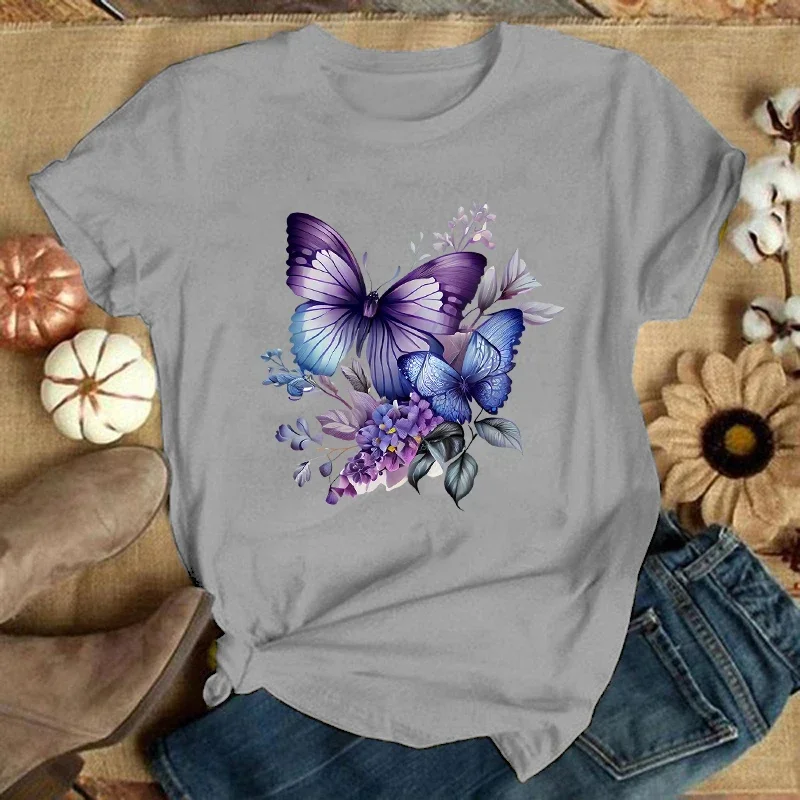 New Flower Butterfly Print T-Shirts Women Summer Cool Short Sleeve Female Casual T-Shirts Round Neck Tops