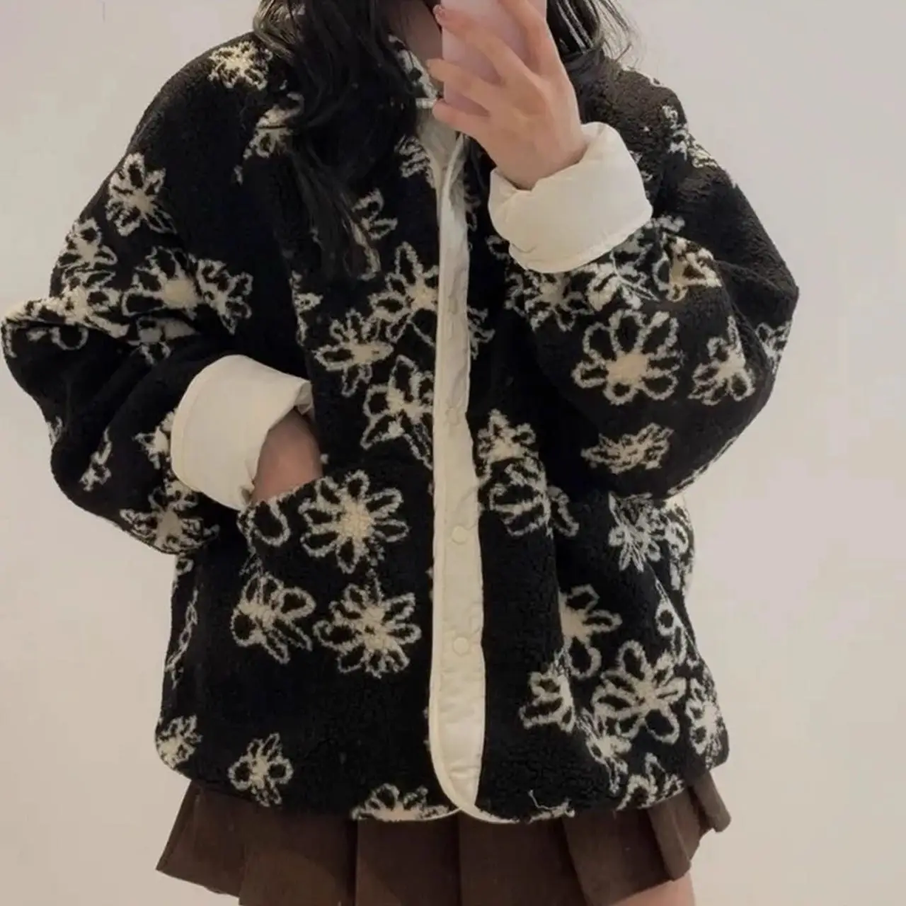 Women's Chic Lamb Fur Jaet Autumn Winter New Sle Printed Long Sve Double-Sided Wear Korean Version Fluffy Outerwear