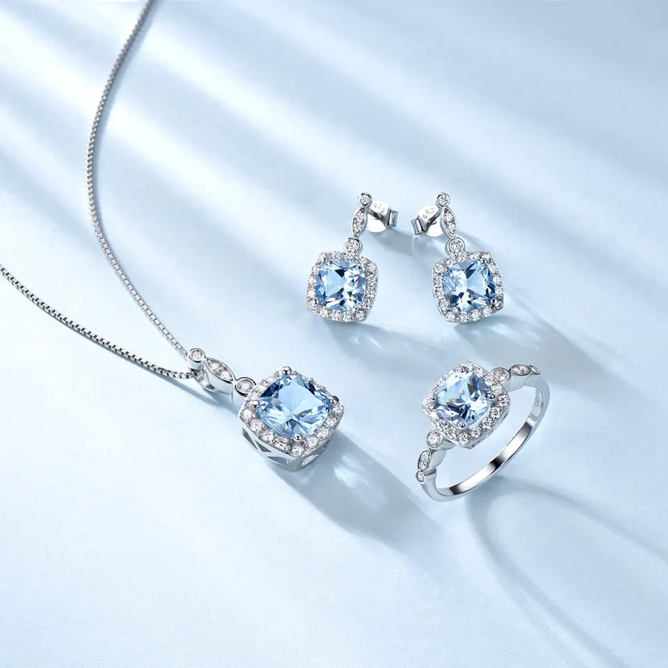 Nano Sky Blue Jewelry Set Cushion Stud Earring Elegant Woman's Ring Blue Pendant Wedding Engagement  Fashion Jewelry