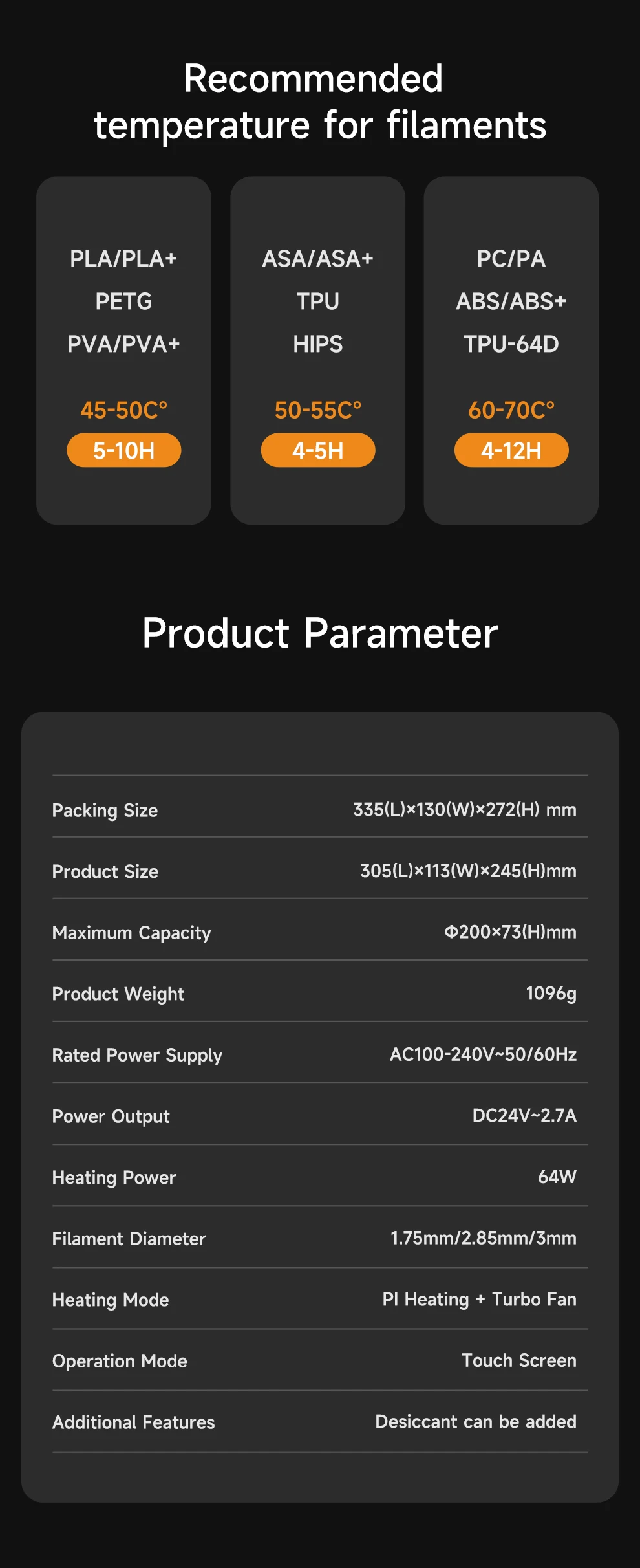 ESUN 3D-Filament-Trockner Verbesserte 3D-Filament-Trocknungsbox eBox Pro Aufbewahrungsbox Hochtemperatur-PI-Heizung 360 ° Umgebungs-Trockner – Detail 6