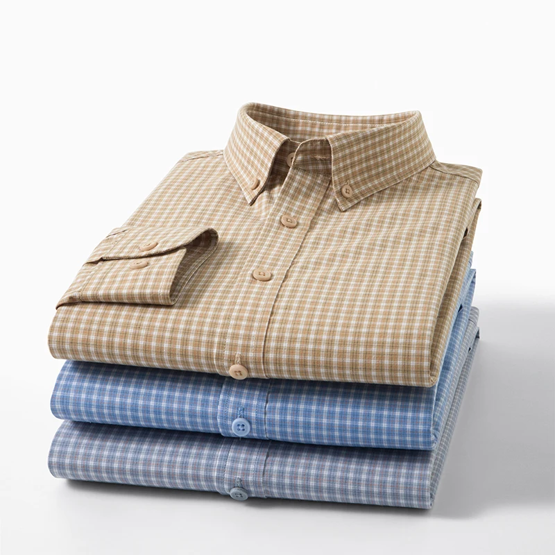 

Hight quality Lyocell fashion korean long sleeve shirts for men casula plaid tops cotton wrinkle free elegant designer clothes