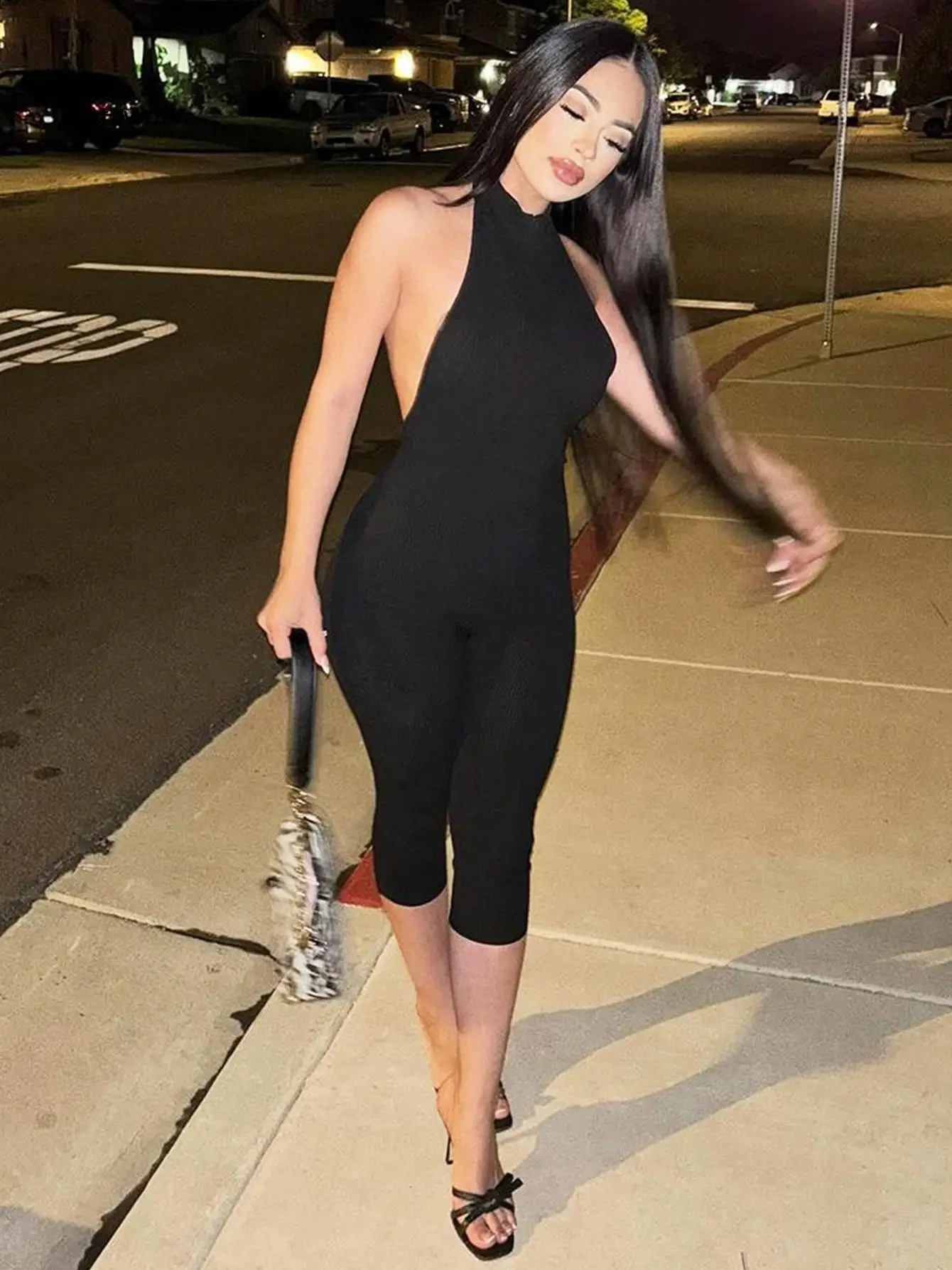 Halter Open Back Ribbed Capri Jumpsuit for Women Sleeveless Slim Fit One Piece Outfit for Club Party and Holiday Gathering