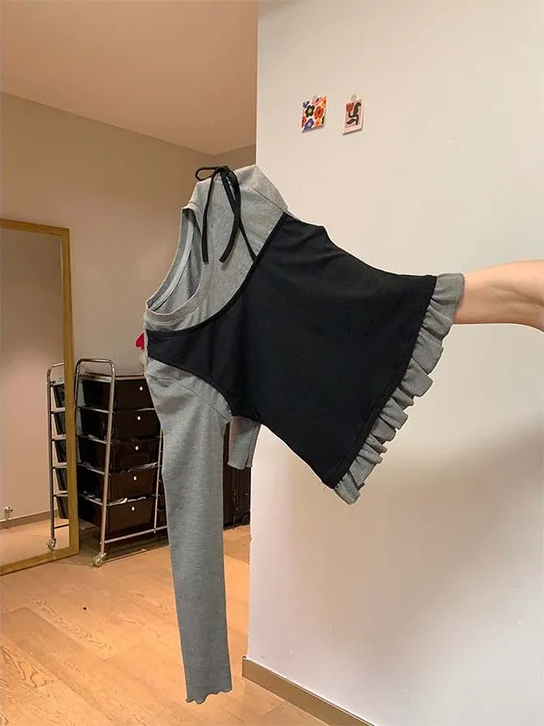 

Корейская футболка с длинным свеком в стиле ретро, женский весенне-осенний топ, милый цвет, блузка, дизайн с рюшами, искусственный наряд из двух предметов