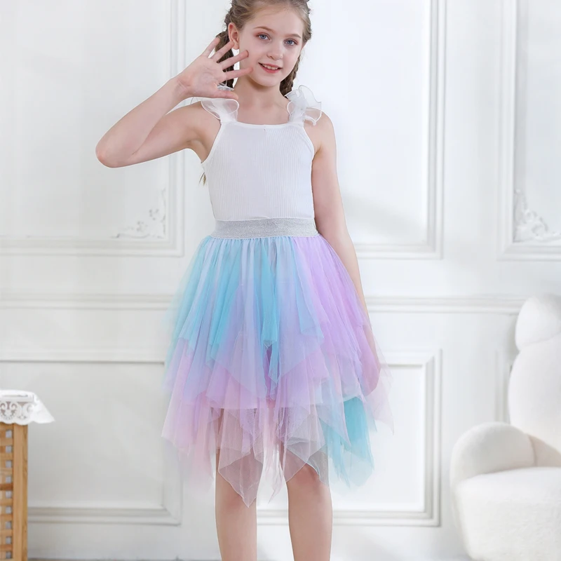 

Girls Tutu Princess Skirts Children Rainbow Birthday Party Performance Skirts Irregular Layered Dance Skirt Children Daily Skirt