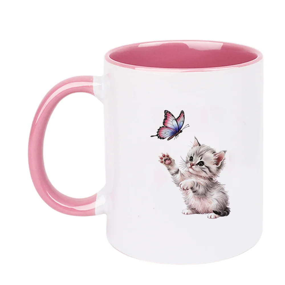 11oz Cute Kitten and Butterfly Ceramic Coffee Mug for Home Office Tableware, Perfect for Birthday Party Summer Travel Camping Ho