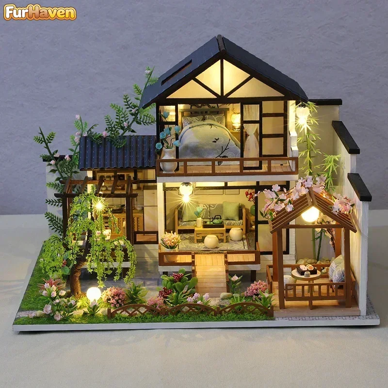DIY Wooden Casa Japanese Dollhouse Kit Assembled Miniature Furniture Light Doll House with Cherry Blossoms Toys for Adult Gifts