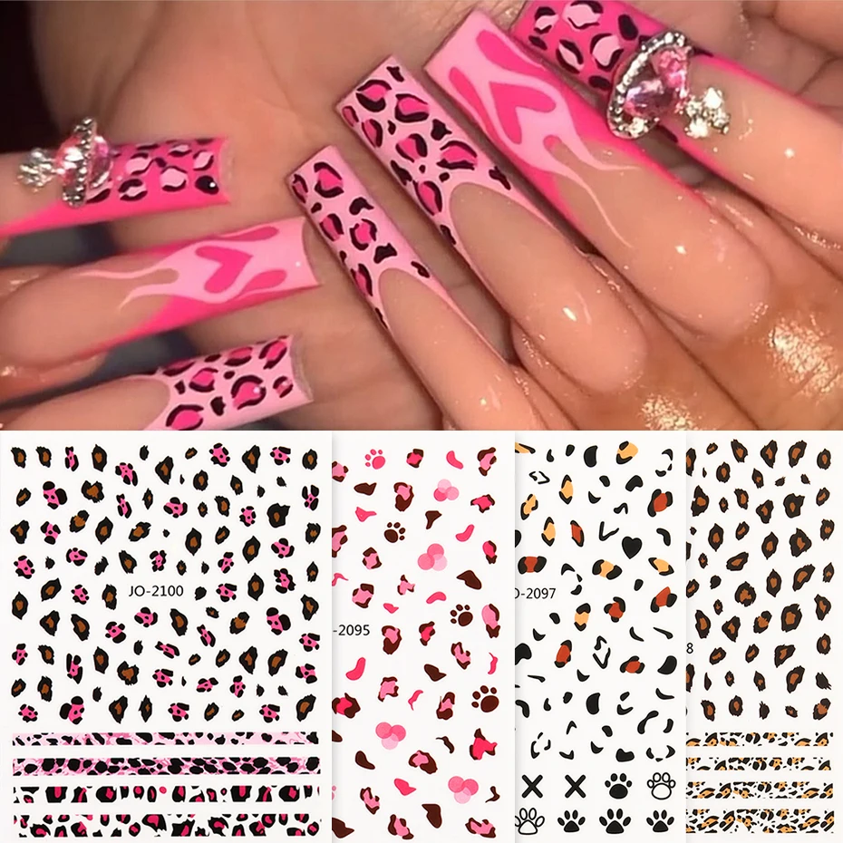 Pink Leopard Print Nails Stickers Autumn Winter Irregular Leopards Pattern Design Sweet Hot Girls Manicure Decals Decoration #JO