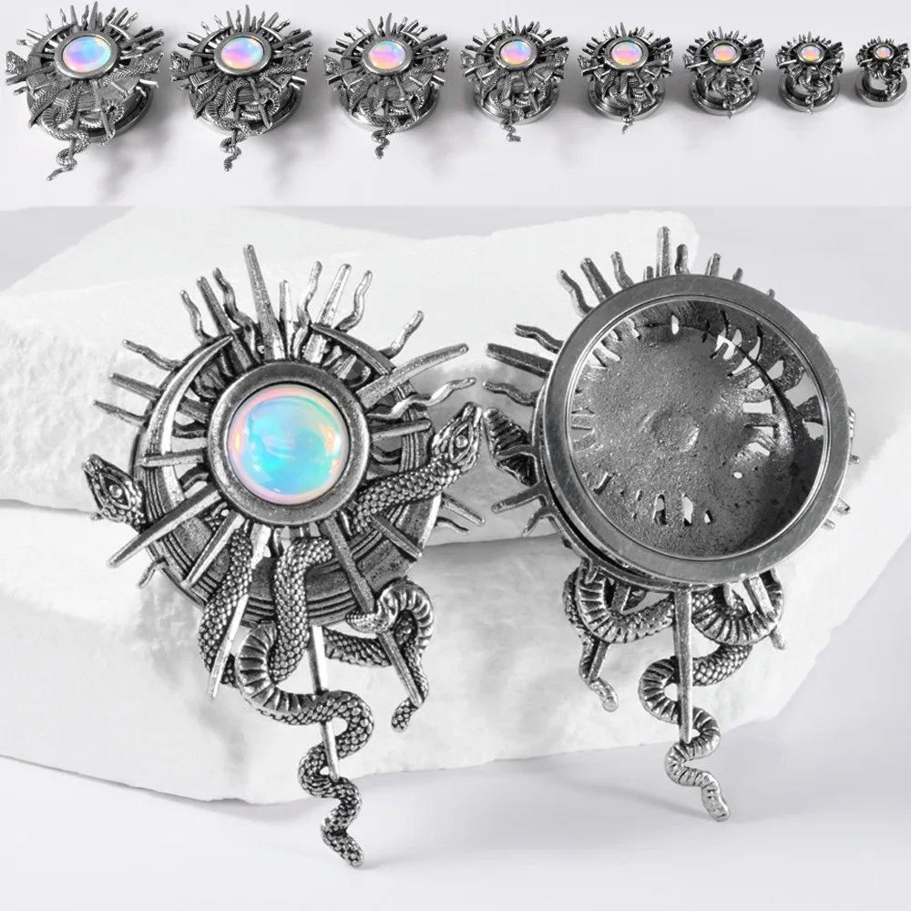 1pair Stainless steel white reflective film sun-shaped double-snake coiled external threaded pulley piercing ear stud
