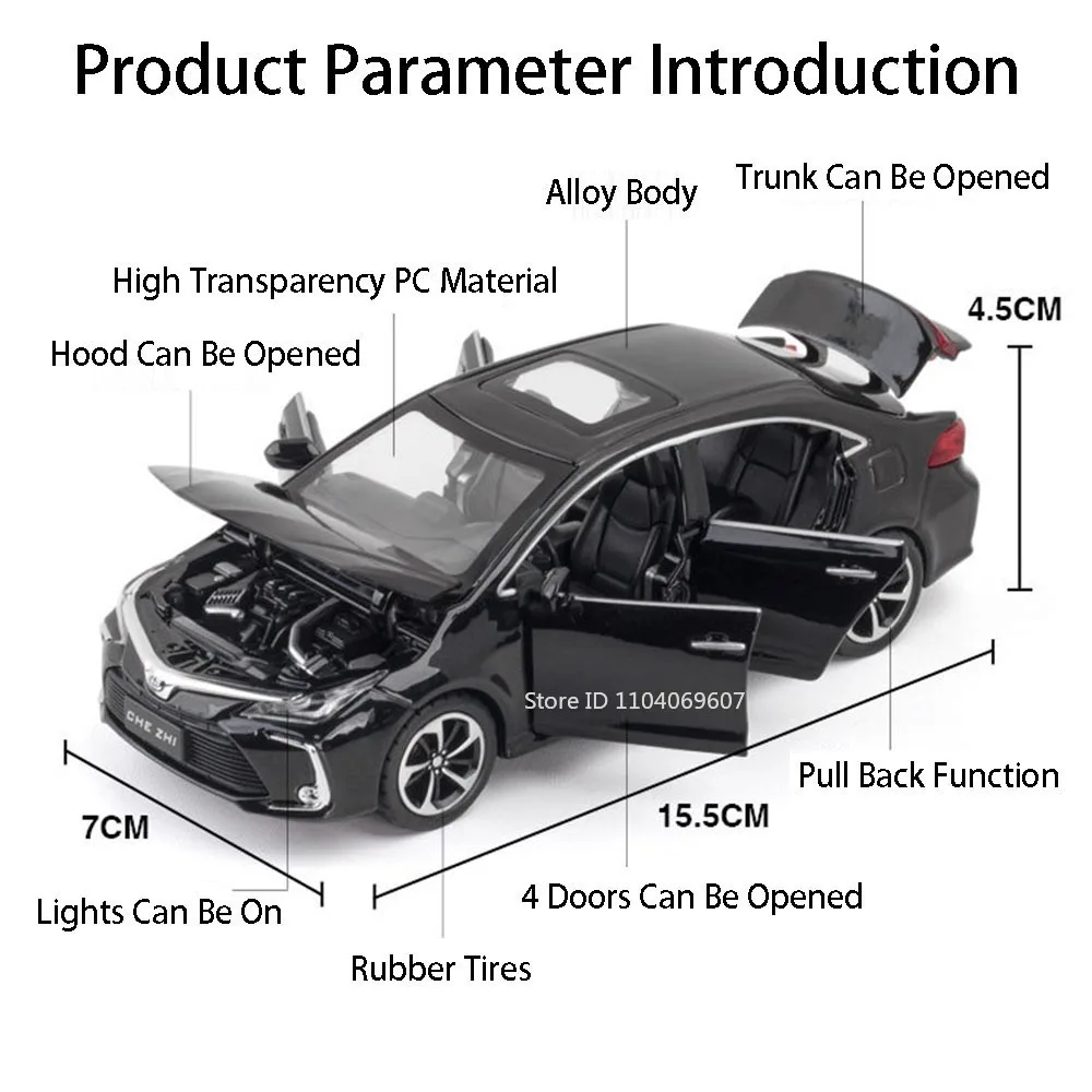 1:32 Corolla Crown Alloy Model Car Toys Metal Diecast Doors Opened Pull Back Sound Light Rubber Tires Decoration Cars Models