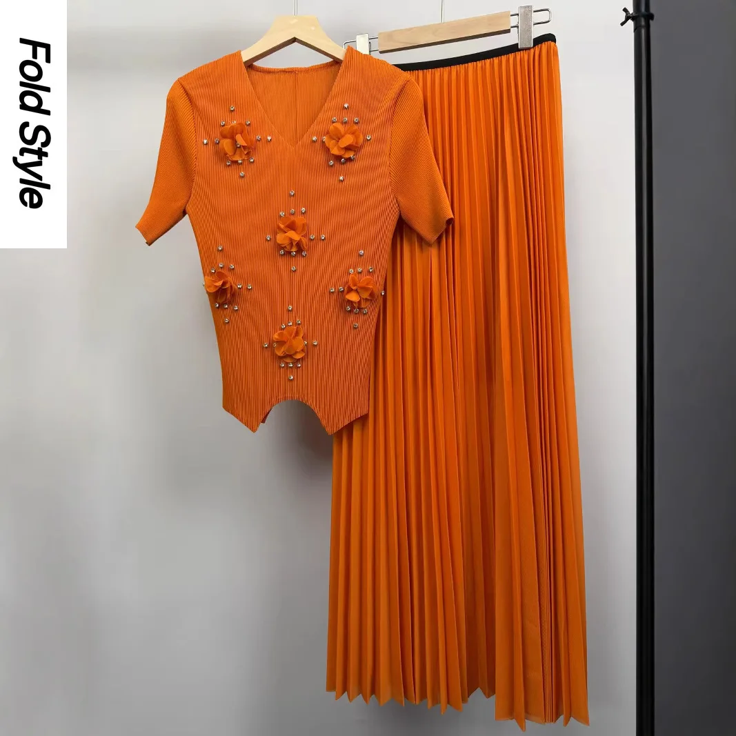 

Miyake Three-dimensional Flower Decoration Bead Waist Temperament Elegant Two-piece Skirt Set Pleated Women's Clothing 2025 New